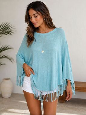 Project Cotton Fringe Aqua Green Color Poncho One Size